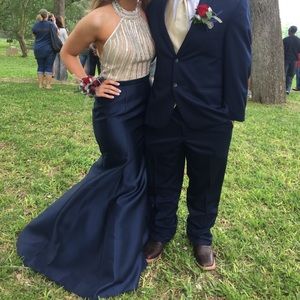 Navy & Champagne Halter Prom Dress